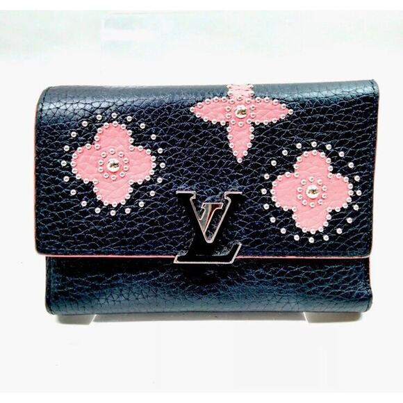 Louis Vuitton LV Portefeuille Capucines Wallet Black Leather Pink Flowers - Picture 1 of 7